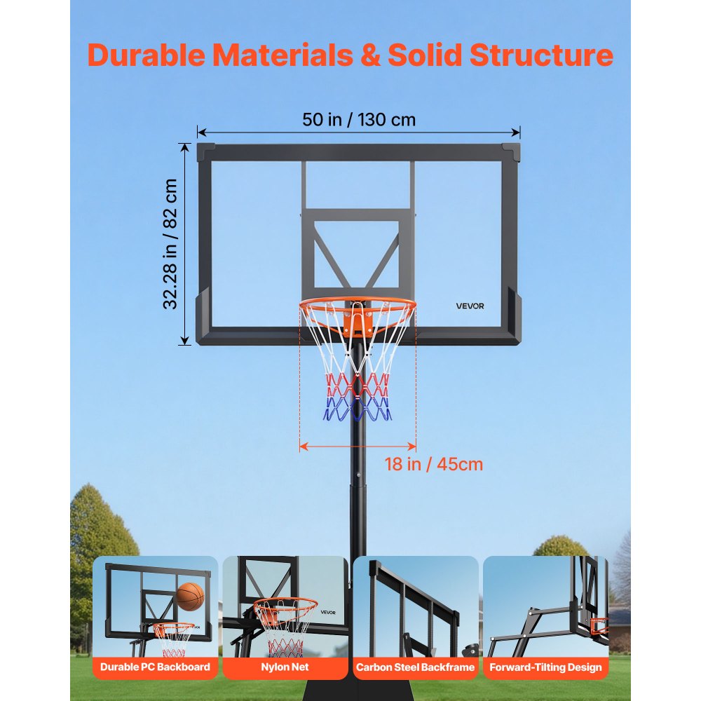 VEVOR Canasta de Baloncesto Altura Ajustable 2,3 a 3,05 m, Soporte de Baloncesto Portátil con Ruedas, Tablero de 1,3 m, Base Rellenable, Acero Reforzado para Niños Adultos Colegio Interior Exterior