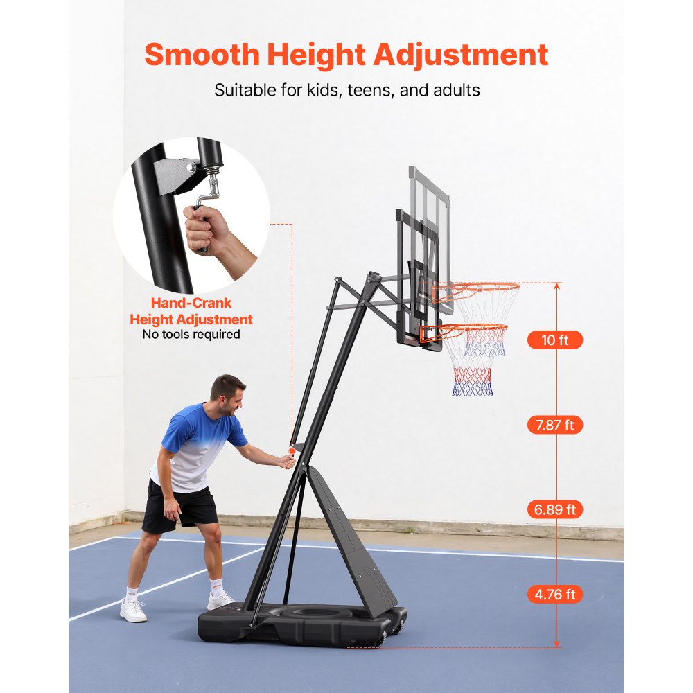 VEVOR Canasta de Baloncesto Altura Ajustable 2,3 a 3,05 m, Soporte de Baloncesto Portátil con Ruedas, Tablero de 1,3 m, Base Rellenable, Acero Reforzado para Niños Adultos Colegio Interior Exterior