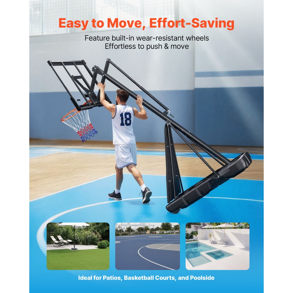 VEVOR Canasta de Baloncesto Altura Ajustable 2,3 a 3,05 m, Soporte de Baloncesto Portátil con Ruedas, Tablero de 1,3 m, Base Rellenable, Acero Reforzado para Niños Adultos Colegio Interior Exterior