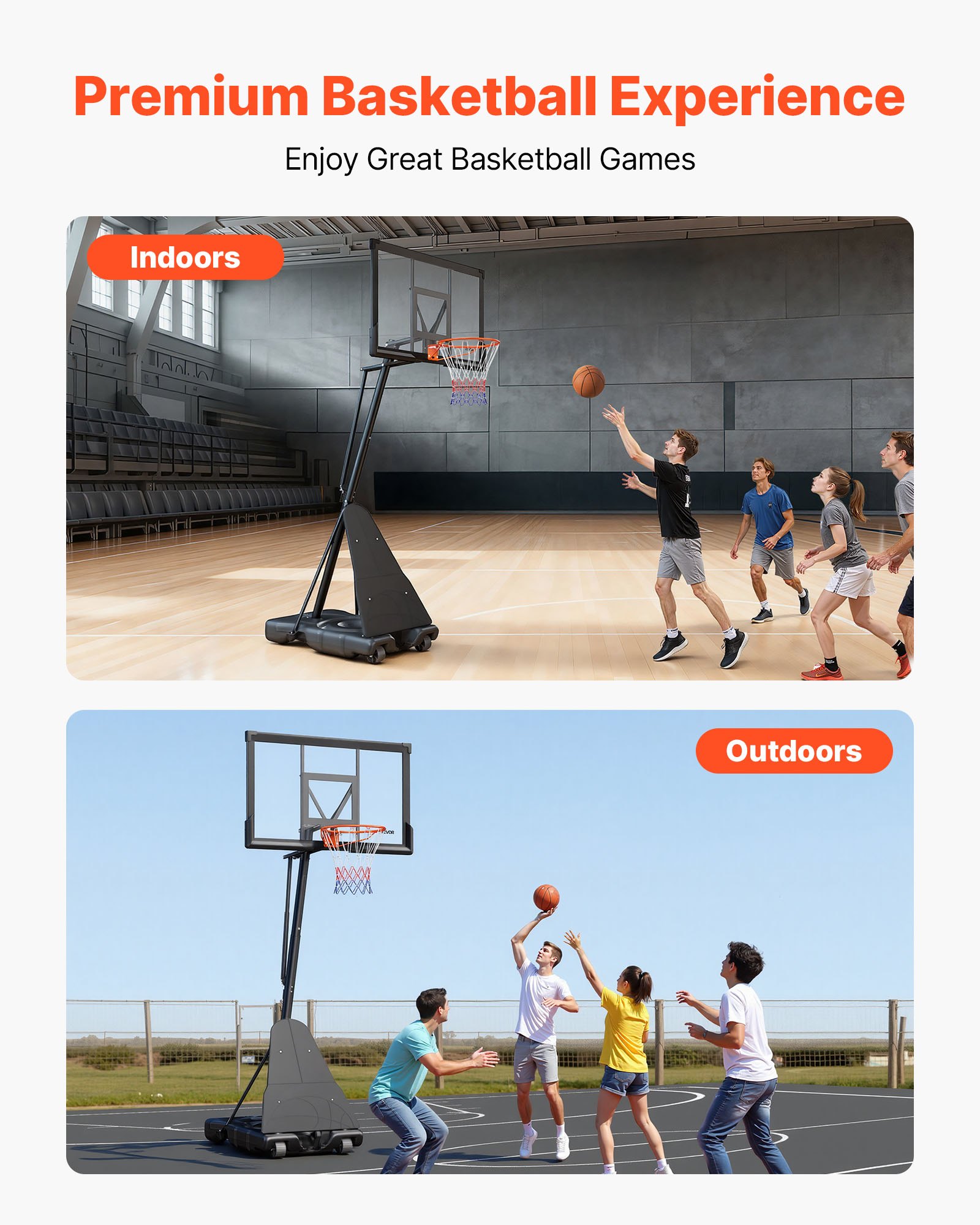 VEVOR Canasta de Baloncesto Altura Ajustable 2,3 a 3,05 m, Soporte de Baloncesto Portátil con Ruedas, Tablero de 1,3 m, Base Rellenable, Acero Reforzado para Niños Adultos Colegio Interior Exterior