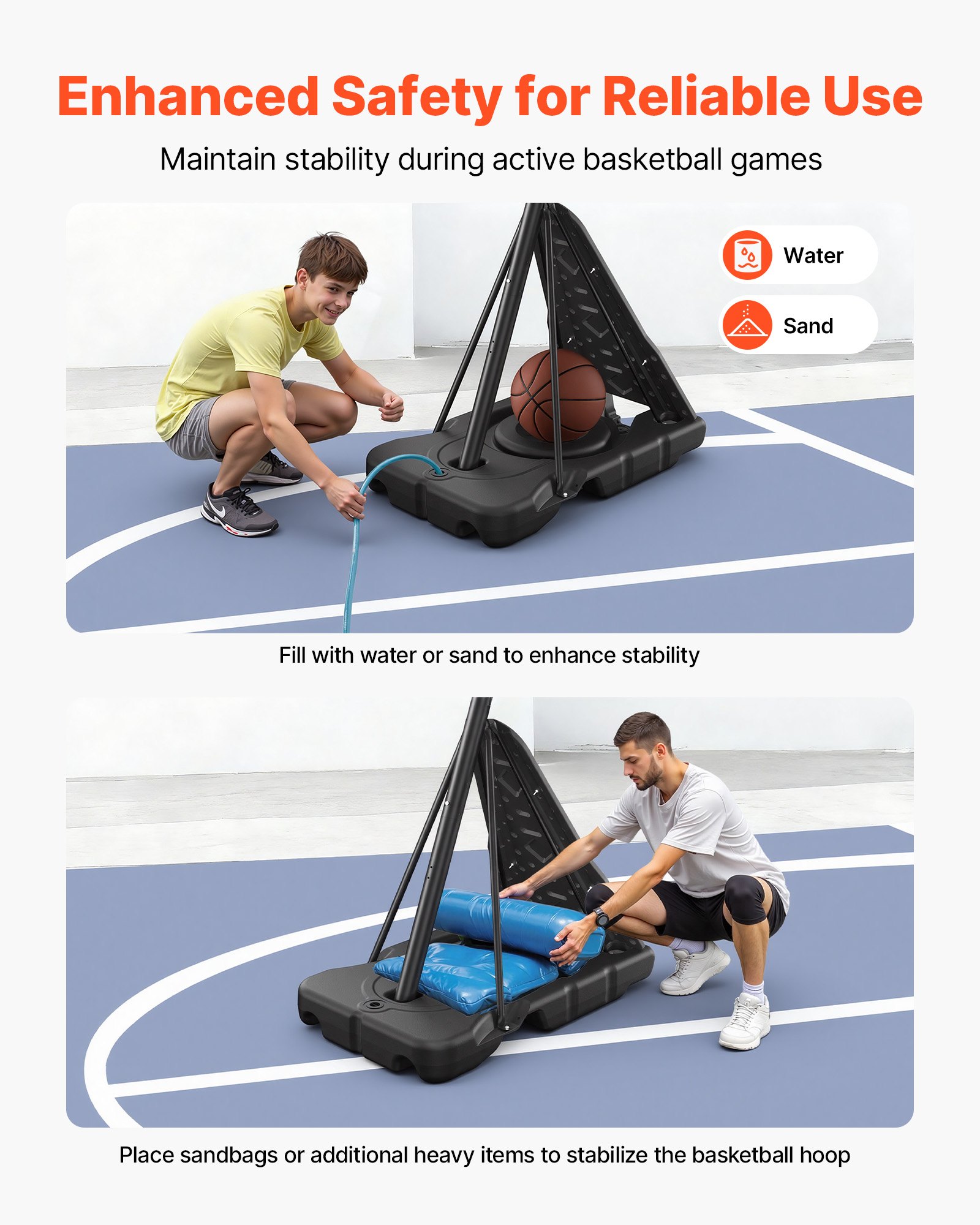 VEVOR Canasta de Baloncesto Altura Ajustable 2,3 a 3,05 m, Soporte de Baloncesto Portátil con Ruedas, Tablero de 1,3 m, Base Rellenable, Acero Reforzado para Niños Adultos Colegio Interior Exterior