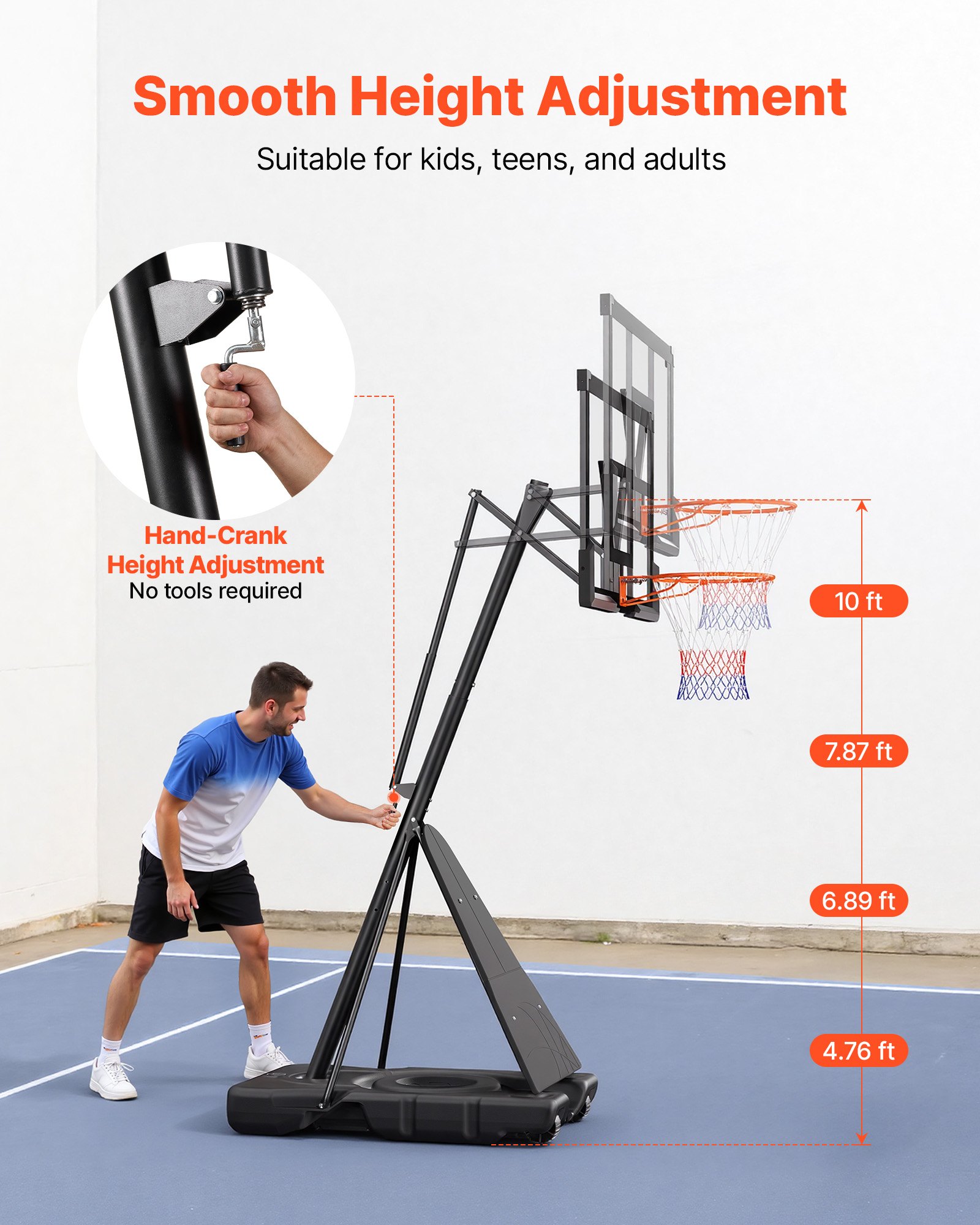 VEVOR Canasta de Baloncesto Altura Ajustable 2,3 a 3,05 m, Soporte de Baloncesto Portátil con Ruedas, Tablero de 1,3 m, Base Rellenable, Acero Reforzado para Niños Adultos Colegio Interior Exterior
