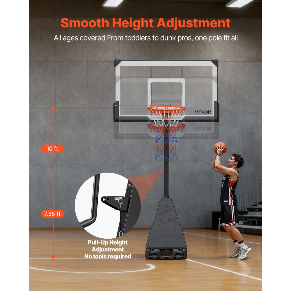 VEVOR Canasta de Baloncesto Altura Ajustable 2,3 a 3,05 m, Soporte de Baloncesto Portátil con Ruedas, Tablero de 1,39 m, Base Rellenable, Acero Reforzado para Niños Adultos Parque Interior Exterior