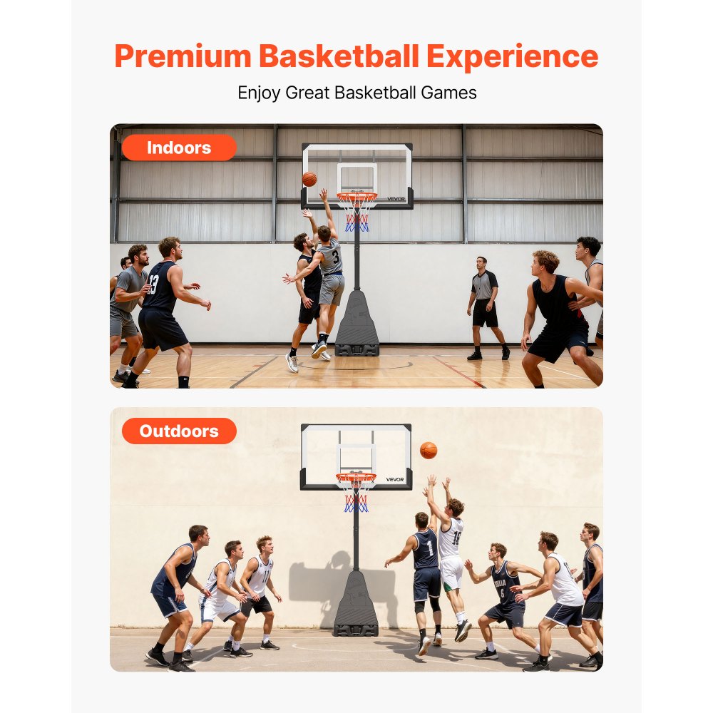 VEVOR Canasta de Baloncesto Altura Ajustable 2,3 a 3,05 m, Soporte de Baloncesto Portátil con Ruedas, Tablero de 1,39 m, Base Rellenable, Acero Reforzado para Niños Adultos Parque Interior Exterior