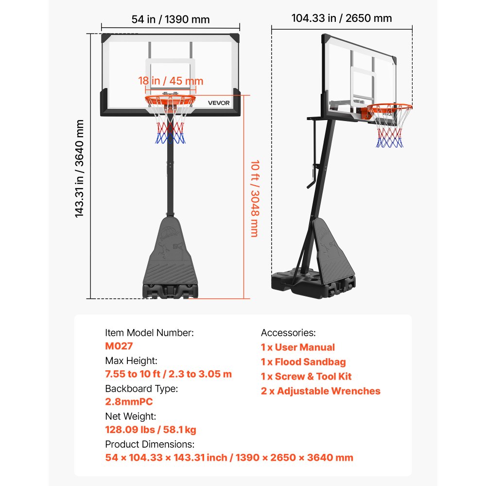 VEVOR Canasta de Baloncesto Altura Ajustable 2,3 a 3,05 m, Soporte de Baloncesto Portátil con Ruedas, Tablero de 1,39 m, Base Rellenable, Acero Reforzado para Niños Adultos Parque Interior Exterior