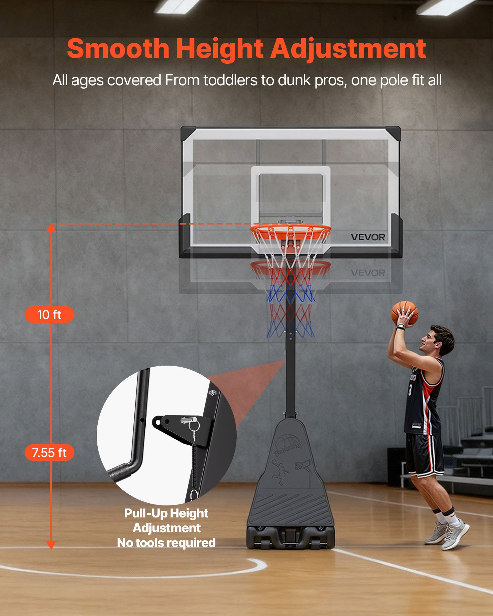 VEVOR Canasta de Baloncesto Altura Ajustable 2,3 a 3,05 m, Soporte de Baloncesto Portátil con Ruedas, Tablero de 1,39 m, Base Rellenable, Acero Reforzado para Niños Adultos Parque Interior Exterior