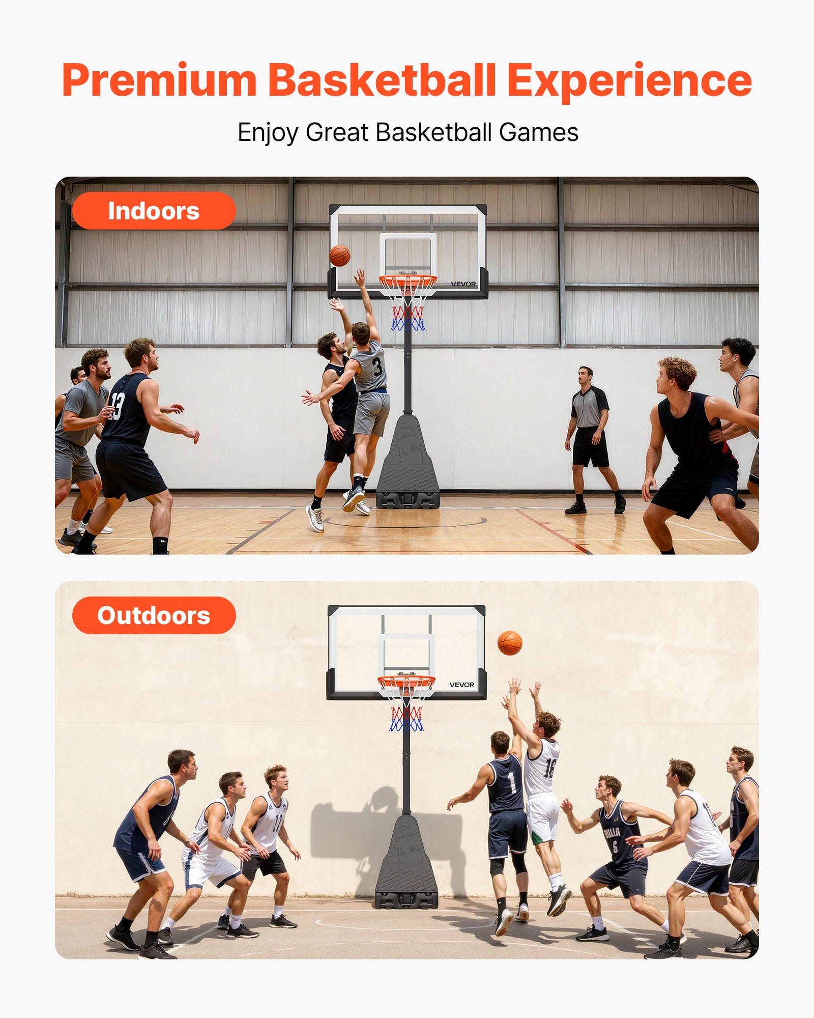 VEVOR Canasta de Baloncesto Altura Ajustable 2,3 a 3,05 m, Soporte de Baloncesto Portátil con Ruedas, Tablero de 1,39 m, Base Rellenable, Acero Reforzado para Niños Adultos Parque Interior Exterior
