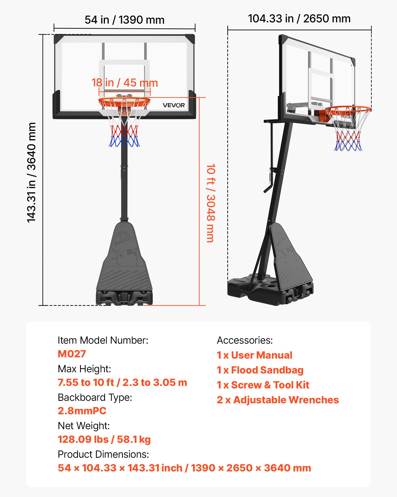 VEVOR Canasta de Baloncesto Altura Ajustable 2,3 a 3,05 m, Soporte de Baloncesto Portátil con Ruedas, Tablero de 1,39 m, Base Rellenable, Acero Reforzado para Niños Adultos Parque Interior Exterior