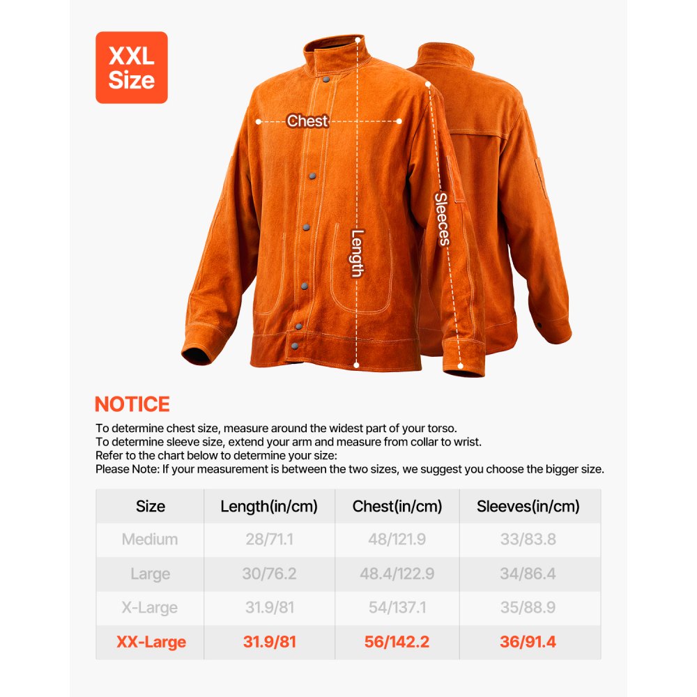 VEVOR Chaqueta de Soldador Resistente al Fuego, XXL, Piel de Vaca, Impermeable, Botones a Presión, 4 Bolsillos y Puños Ajustables para Soldadores Acerías, 810,1 x 1422,4 x 914,4 mm, Marrón Amarillo