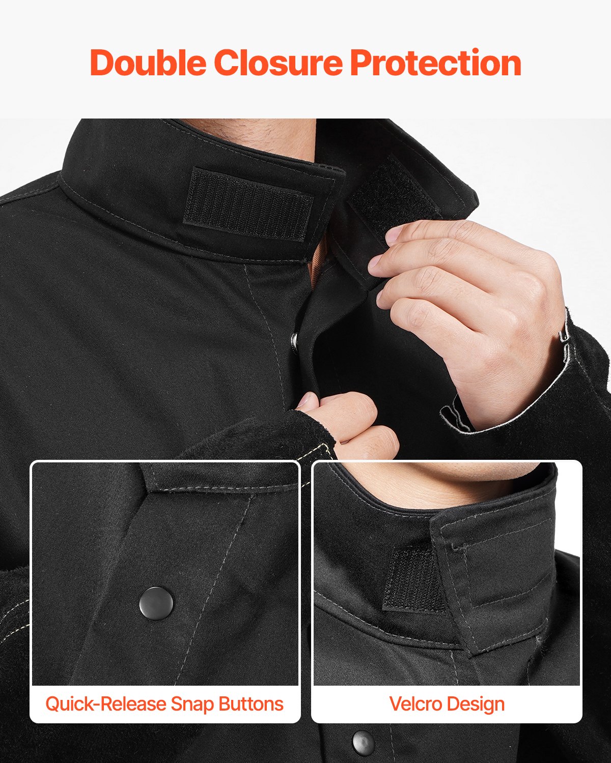 VEVOR Chaqueta de Soldador Resistente al Fuego, XXL, Piel de Vacuno Dividida Resistente y Cuerpo de Algodón, con Botones a Presión y Bolsillos, para Montadores, 810,1 x 1422,4 x 914,4 mm, Negro