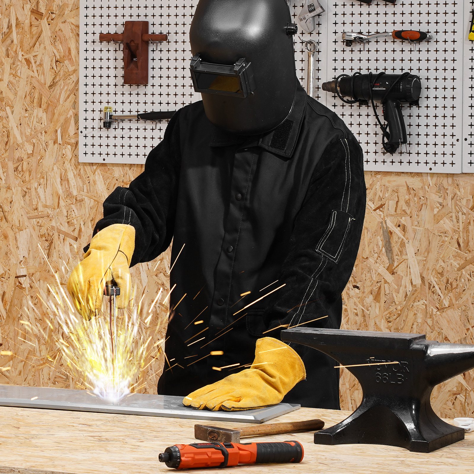 VEVOR Chaqueta de Soldador Resistente al Fuego, XXL, Piel de Vacuno Dividida Resistente y Cuerpo de Algodón, con Botones a Presión y Bolsillos, para Montadores, 810,1 x 1422,4 x 914,4 mm, Negro