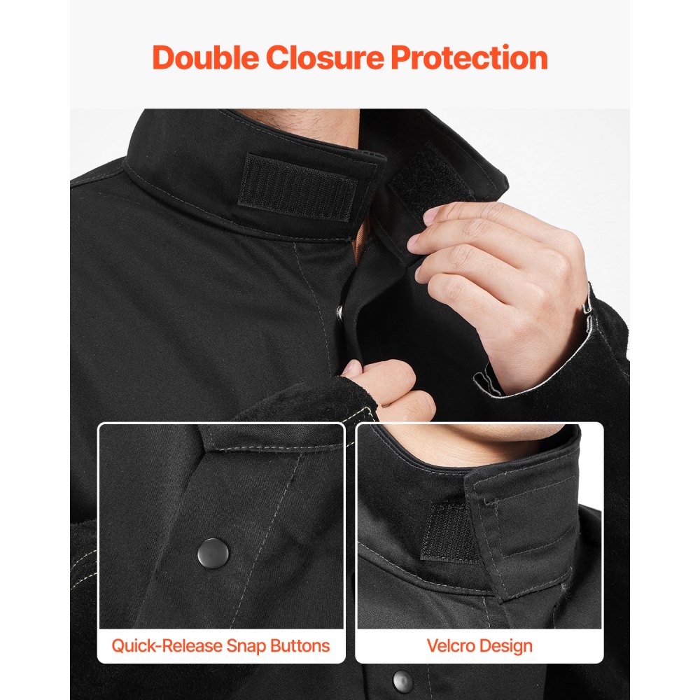 VEVOR Chaqueta de Soldador Resistente al Fuego, M, Piel de Vacuno Dividida Resistente y Cuerpo de Algodón, con Botones a Presión y Bolsillos, para Montadores, 711,2 x 1219,2 x 838,2 mm, Negro