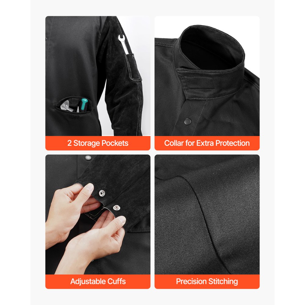 VEVOR Chaqueta de Soldador Resistente al Fuego, M, Piel de Vacuno Dividida Resistente y Cuerpo de Algodón, con Botones a Presión y Bolsillos, para Montadores, 711,2 x 1219,2 x 838,2 mm, Negro