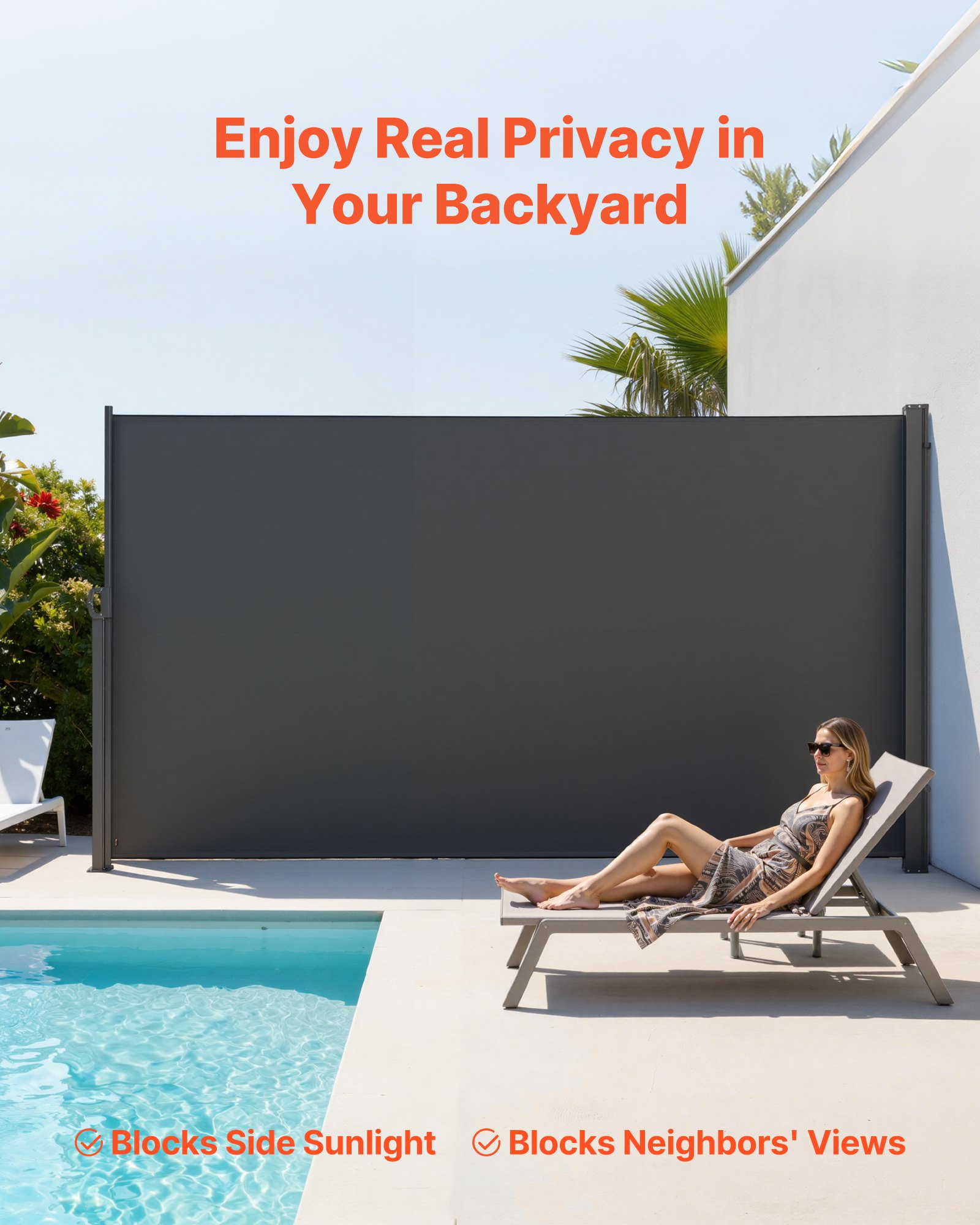 VEVOR Toldo Lateral Retráctil 185 x 420 cm, Pantalla Privacidad Exterior, Protector Solar a Prueba de Viento, Biombo Impermeable, Marco de Metal, para Patio Balcón Jardín Terraza Piscina, Color Gris