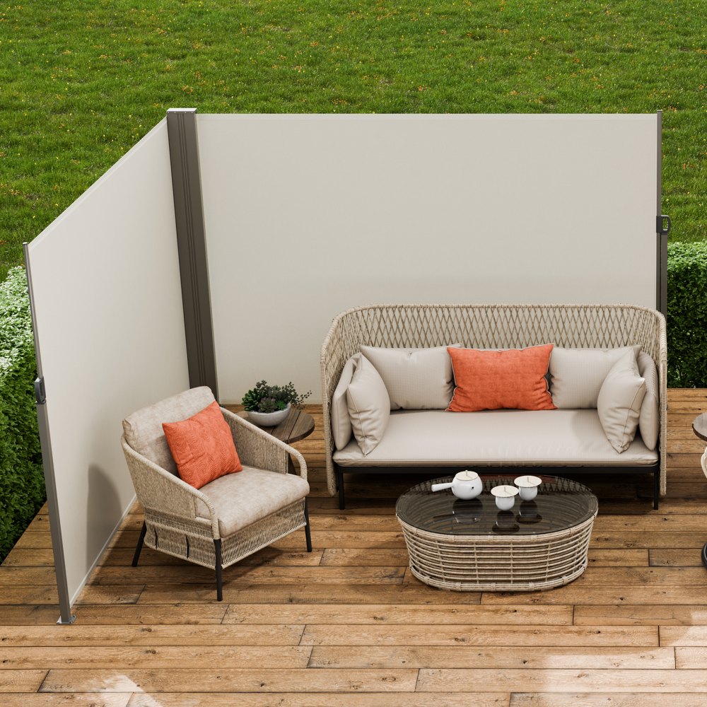 VEVOR Side Awning 200 x 600 cm Side wall awning made of 180 g/m² polyester fabric with PU coating Awning with retractable handle and spring mechanism Privacy screen for balconies and courtyards Beige