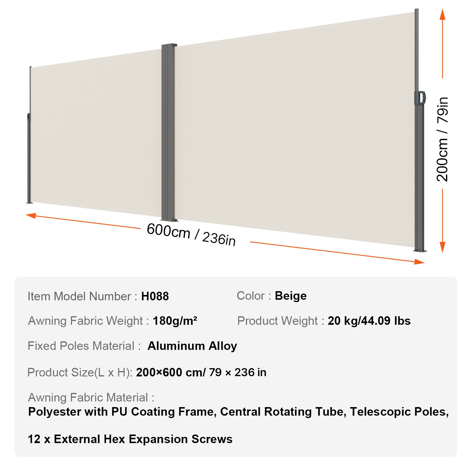 VEVOR Toldo Lateral Retráctil Pantalla de Privacidad al Aire Libre 200x600cm Toldo Lateral contra Viento Impermeable de Poliéster 180g/m² Divisor de Habitación UV 30+ para Patio, Jardín, Balcón, Beige