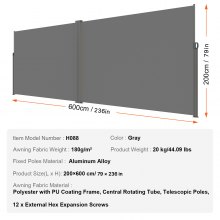 VEVOR Toldo Lateral Retráctil Pantalla de Privacidad al Aire Libre 200x600 cm Toldo Lateral contra Viento Impermeable de Poliéster 180g/m² Divisor de Habitación UV 30+ para Patio, Jardín, Balcón, Gris