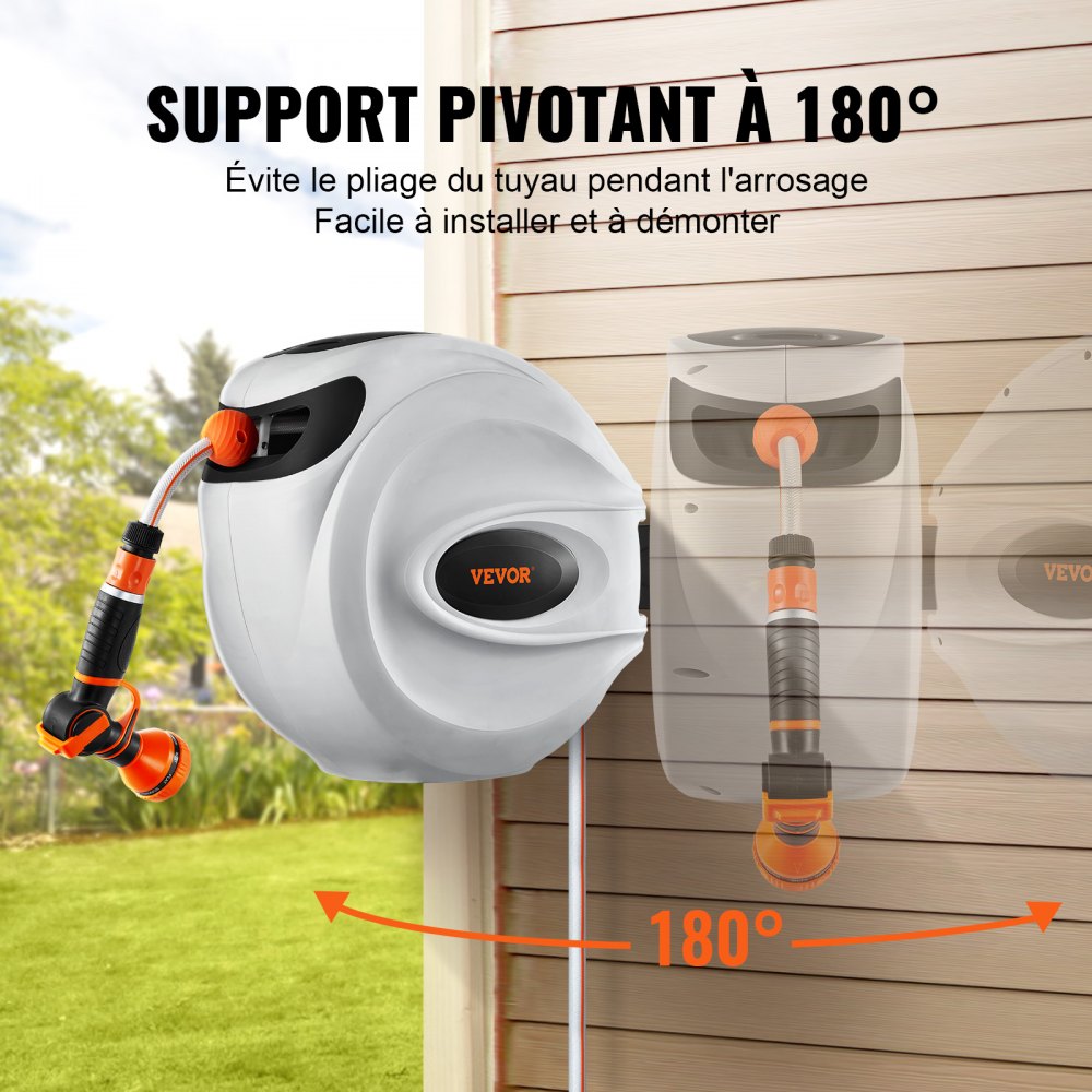 VEVOR Carrete de Manguera Retráctil Giratorio de 180° Carrete Automático de Manguera Montado en Pared Manguera Enrollable Automática 20 m x 12 mm para Regar Césped Jardín, Lavar Auto, Bañar Mascota