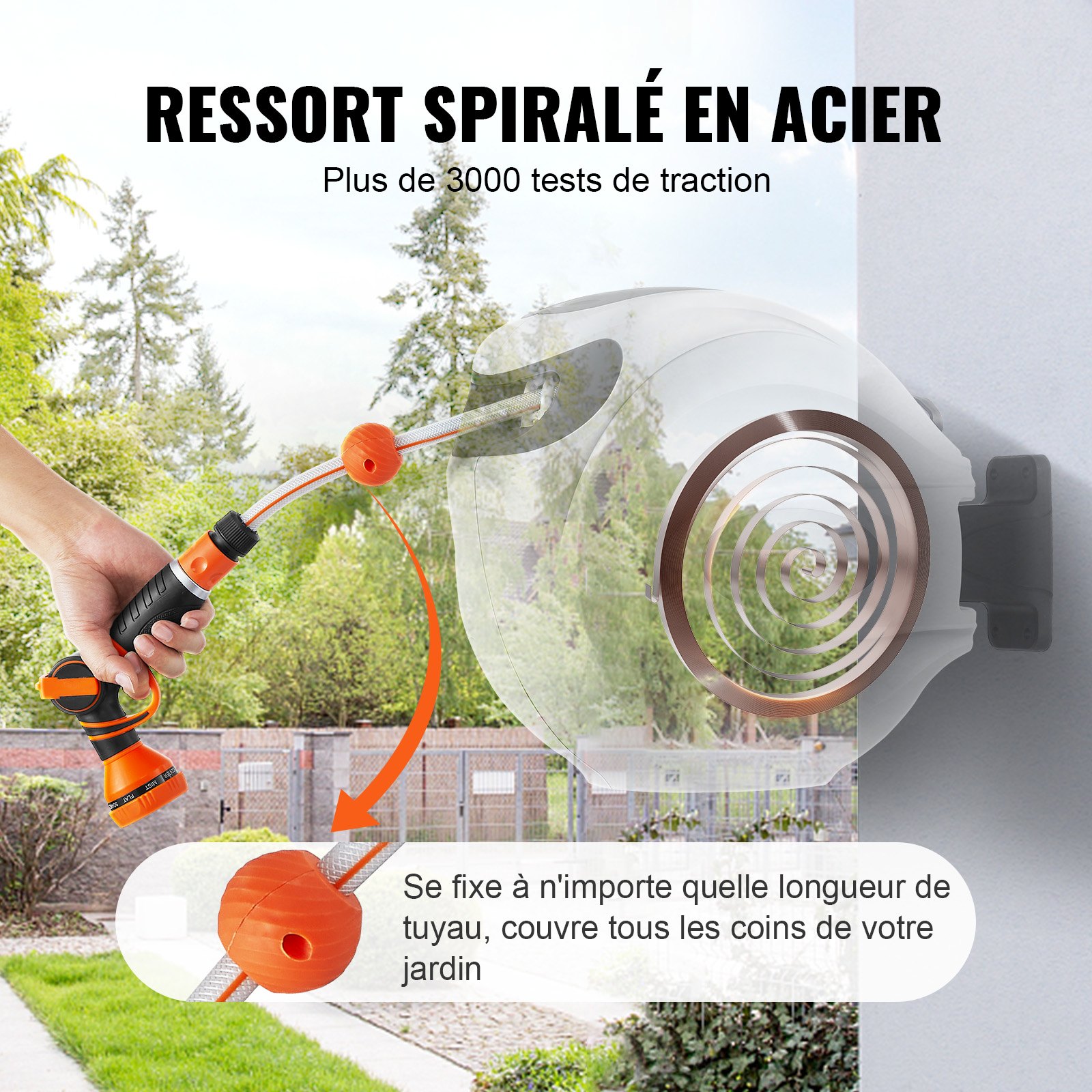 VEVOR Carrete de Manguera Retráctil Giratorio de 180° Carrete Automático de Manguera Montado en Pared Manguera Enrollable Automática 20 m x 12 mm para Regar Césped Jardín, Lavar Auto, Bañar Mascota