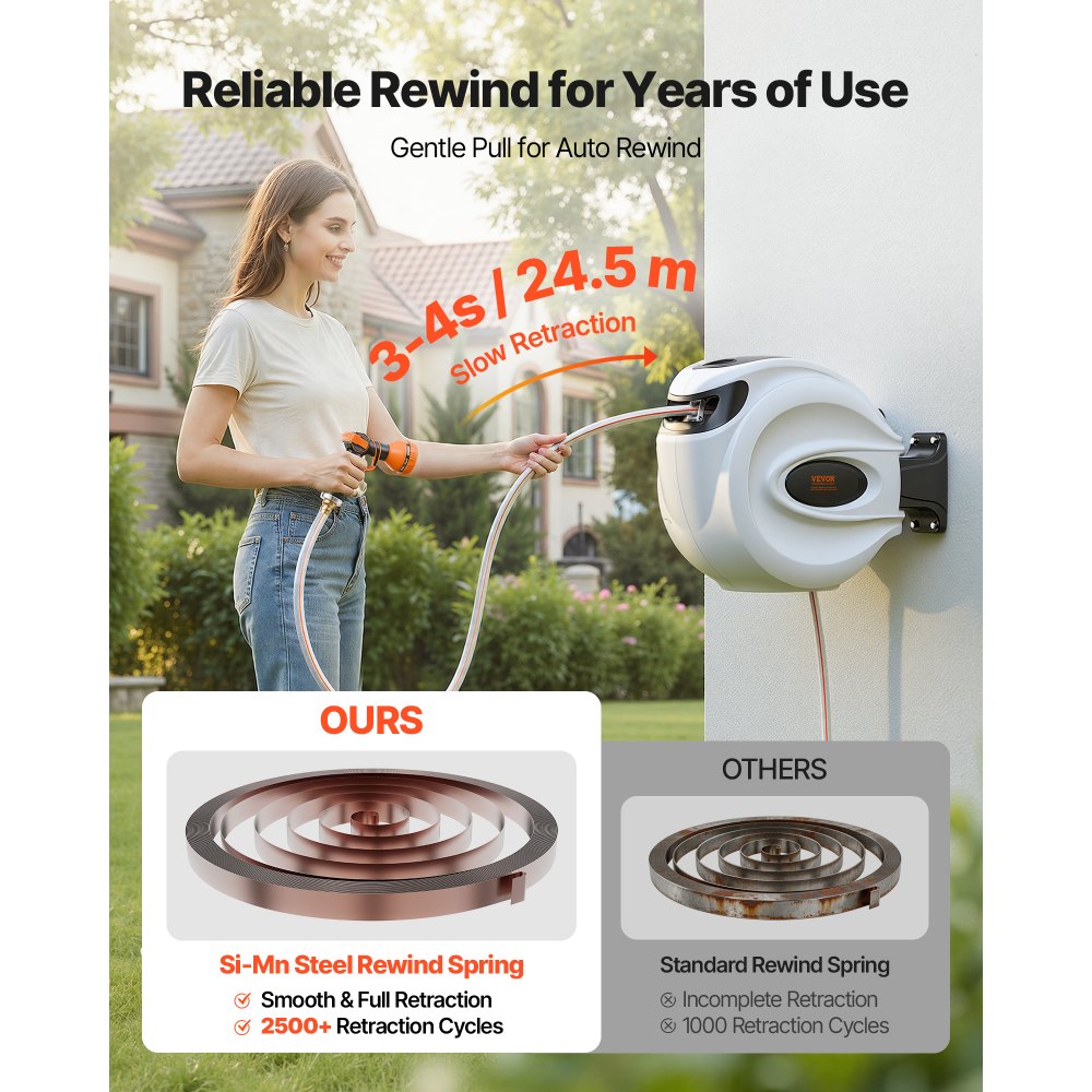 VEVOR Carrete de Manguera Retráctil Giratorio de 180° Carrete Automático de Manguera Montado en Pared Manguera Enrollable Automática 25 m x 12 mm para Regar Césped Jardín, Lavar Auto, Bañar Mascota