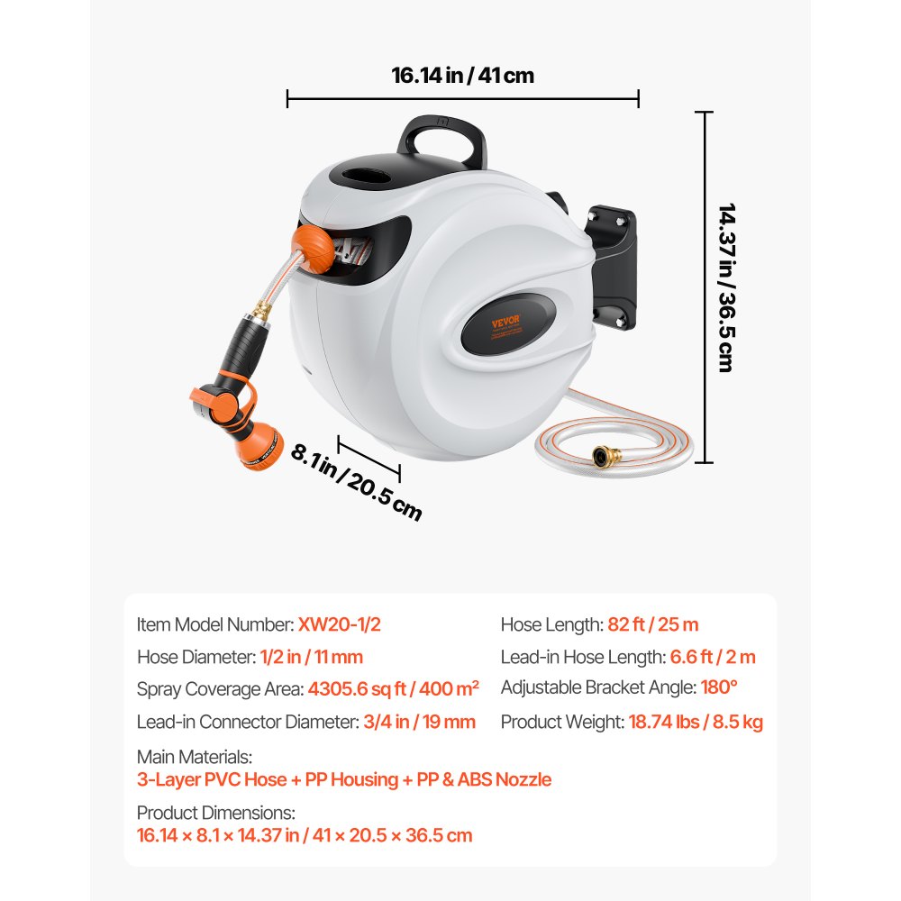 VEVOR Carrete de Manguera Retráctil Giratorio de 180° Carrete Automático de Manguera Montado en Pared Manguera Enrollable Automática 25 m x 12 mm para Regar Césped Jardín, Lavar Auto, Bañar Mascota