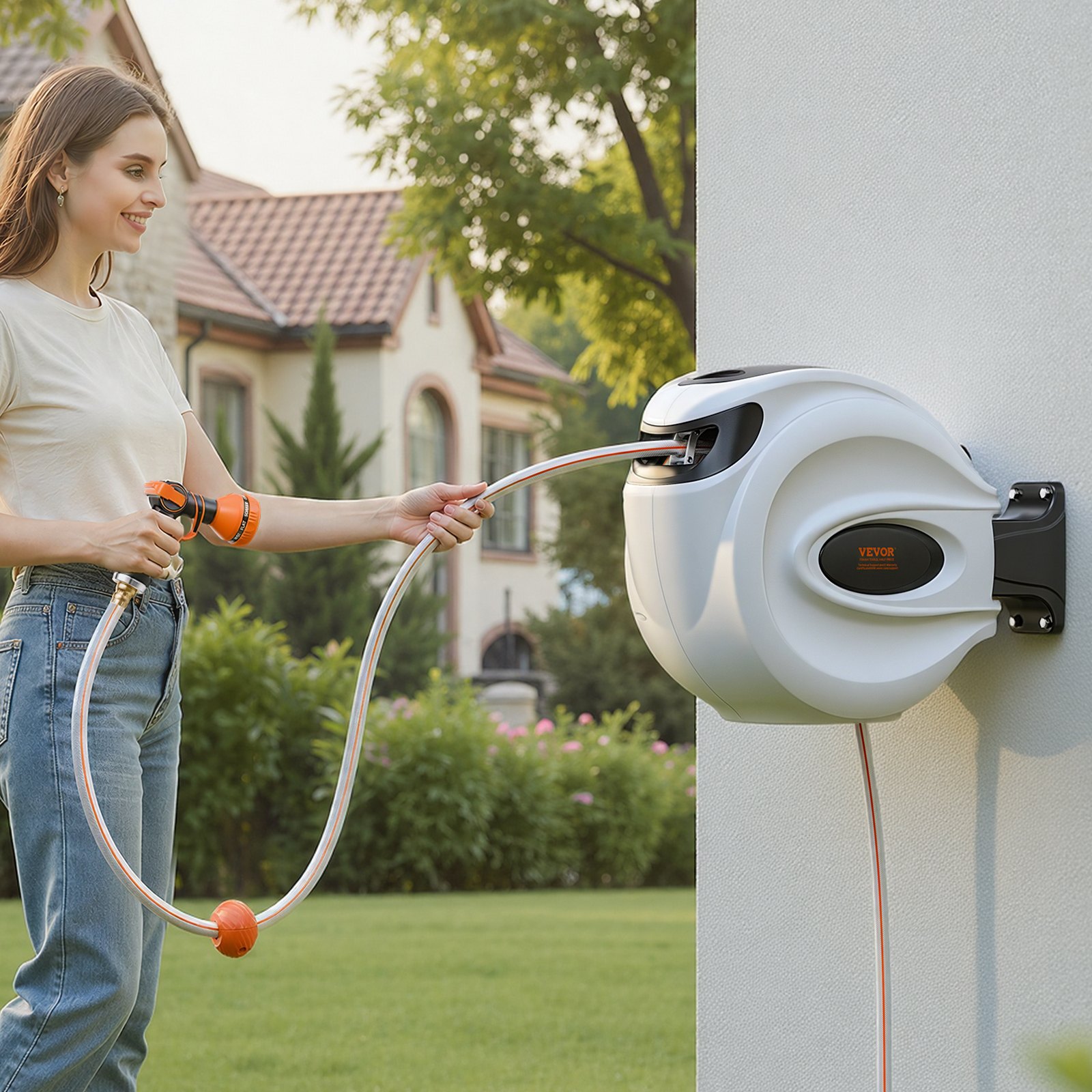 VEVOR Carrete de Manguera Retráctil Giratorio de 180° Carrete Automático de Manguera Montado en Pared Manguera Enrollable Automática 25 m x 12 mm para Regar Césped Jardín, Lavar Auto, Bañar Mascota