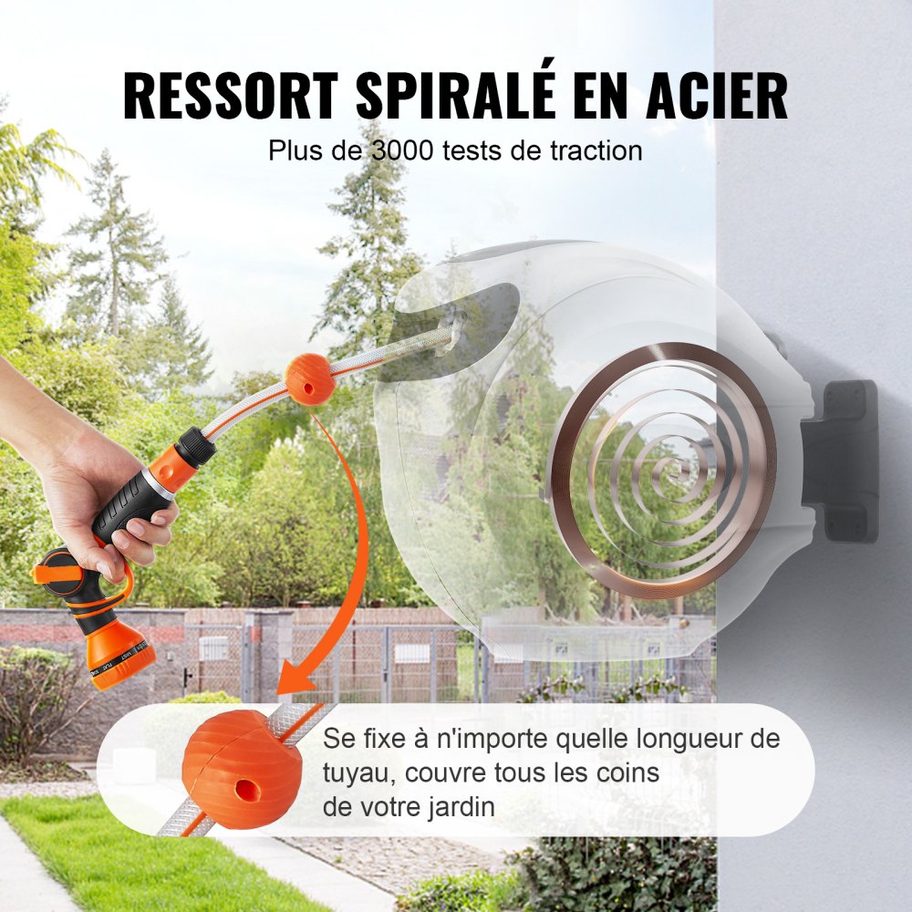 VEVOR Carrete de Manguera Retráctil Giratorio de 180° Carrete Automático de Manguera Montado en Pared Manguera Enrollable Automática 35 m x 12 mm para Regar Césped Jardín, Lavar Auto, Bañar Mascota
