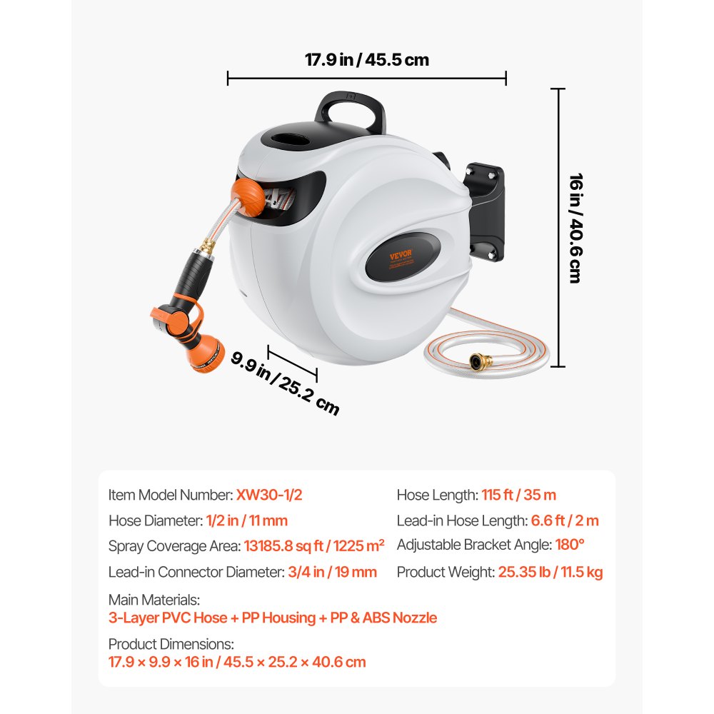 VEVOR Carrete de Manguera Retráctil Giratorio de 180° Carrete Automático de Manguera Montado en Pared Manguera Enrollable Automática 35 m x 12 mm para Regar Césped Jardín, Lavar Auto, Bañar Mascota