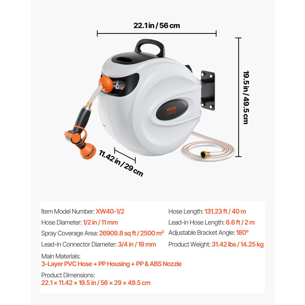VEVOR Carrete de Manguera de Jardín Retráctil 12 mm x 40 m para Montaje en Pared con Boquilla de 9 Patrones, Sistema de Rebobinado Automático y Retorno Lento, y Soporte Giratorio de 180°