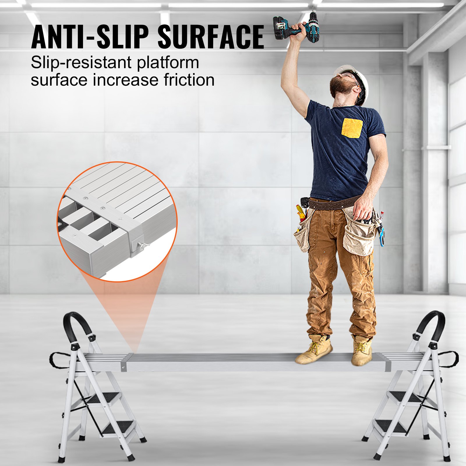 VEVOR Tablón de Trabajo Telescópico de Aluminio, 2600 x 325 x 85 mm de Capacidad de 227 kg, Tablón de Extensión con Accesorio de Escalera de Andamio de Plataforma Antideslizante, Aleación de Aluminio