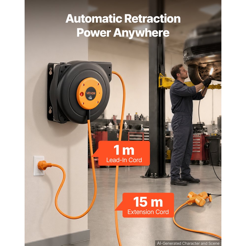 VEVOR Enrollador de Cable Eléctrico 16AWG/3C, Cable de 15 m, para Montaje en Techo o Pared, Protección contra Sobrecalentamiento, Interruptor Triple Iluminado, con Soporte Giratorio 180°, Naranja