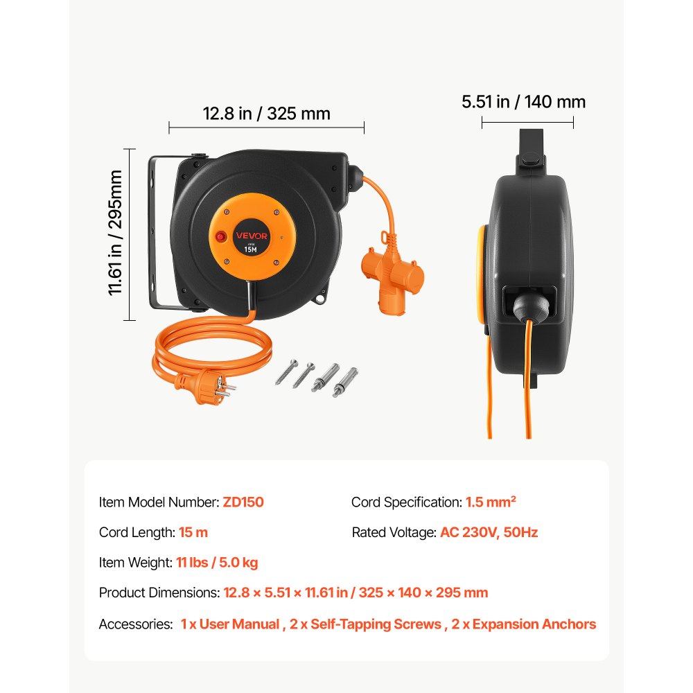 VEVOR Enrollador de Cable Eléctrico 16AWG/3C, Cable de 15 m, para Montaje en Techo o Pared, Protección contra Sobrecalentamiento, Interruptor Triple Iluminado, con Soporte Giratorio 180°, Naranja