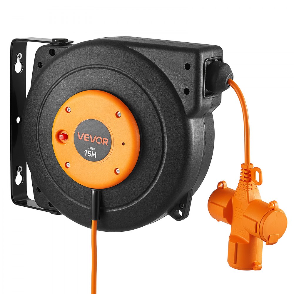VEVOR Enrollador de Cable Eléctrico 16AWG/3C, Cable de 15 m, para Montaje en Techo o Pared, Protección contra Sobrecalentamiento, Interruptor Triple Iluminado, con Soporte Giratorio 180°, Naranja