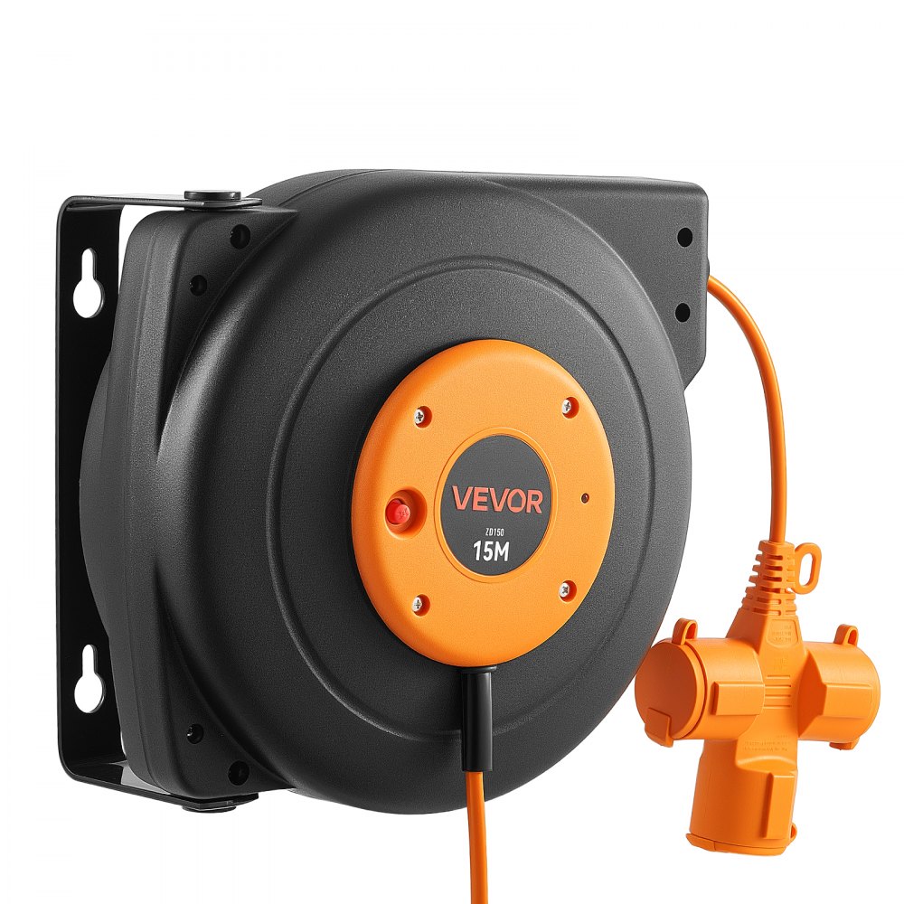 VEVOR Enrollador de Cable Eléctrico 16AWG/3C, Cable de 15 m, para Montaje en Techo o Pared, Protección contra Sobrecalentamiento, Interruptor Triple Iluminado, con Soporte Giratorio 180°, Naranja