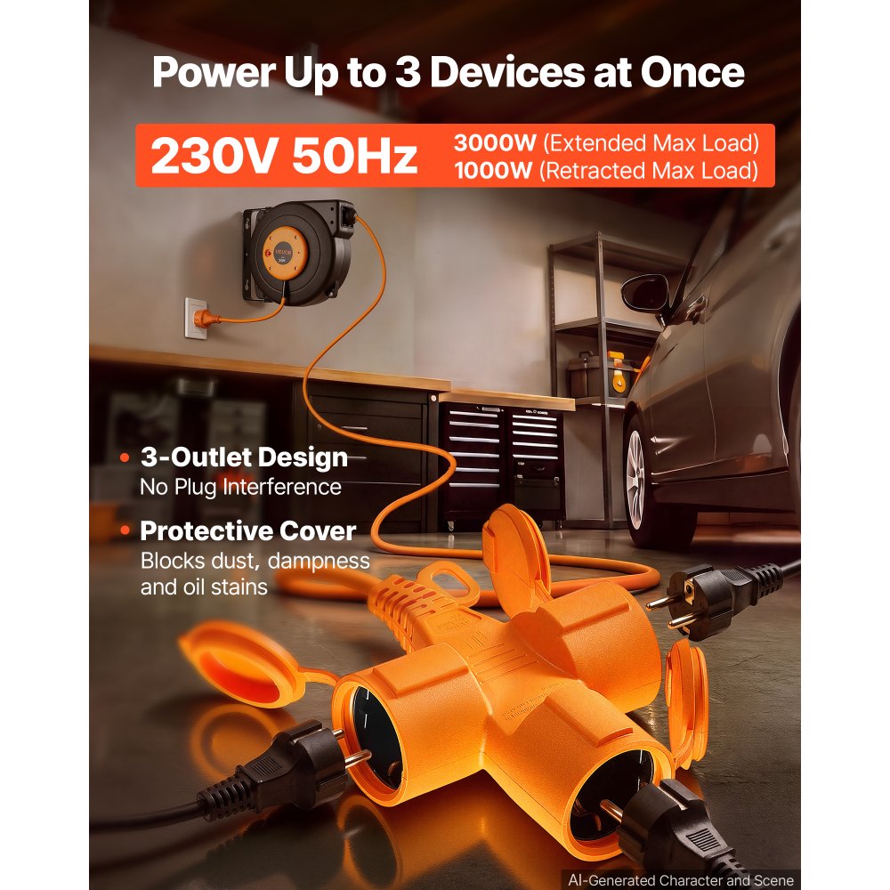 VEVOR Enrollador de Cable Eléctrico 16AWG/3C, Cable de 20 m, para Montaje en Techo o Pared, Protección contra Sobrecalentamiento, Interruptor Triple Iluminado, con Soporte Giratorio 180°, Naranja