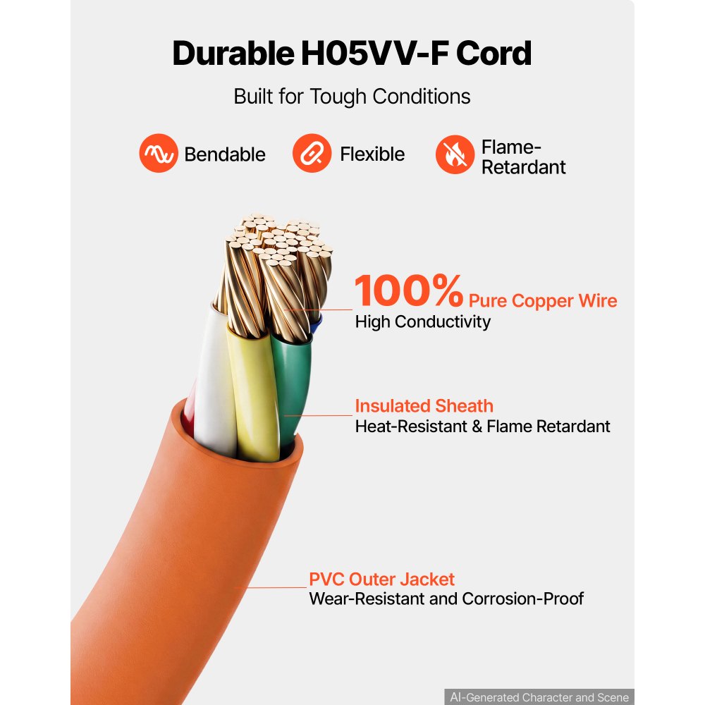 VEVOR Enrollador de Cable Eléctrico 16AWG/3C, Cable de 20 m, para Montaje en Techo o Pared, Protección contra Sobrecalentamiento, Interruptor Triple Iluminado, con Soporte Giratorio 180°, Naranja