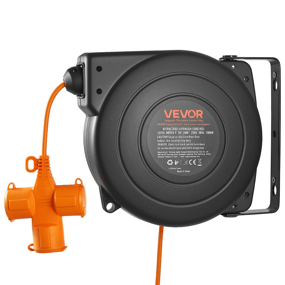 VEVOR Enrollador de Cable Eléctrico 16AWG/3C, Cable de 20 m, para Montaje en Techo o Pared, Protección contra Sobrecalentamiento, Interruptor Triple Iluminado, con Soporte Giratorio 180°, Naranja