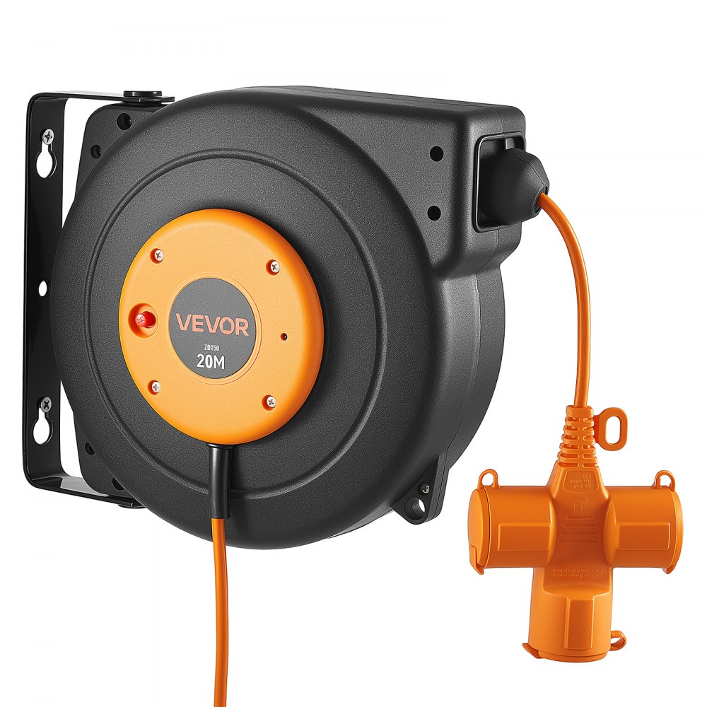 VEVOR Enrollador de Cable Eléctrico 16AWG/3C, Cable de 20 m, para Montaje en Techo o Pared, Protección contra Sobrecalentamiento, Interruptor Triple Iluminado, con Soporte Giratorio 180°, Naranja