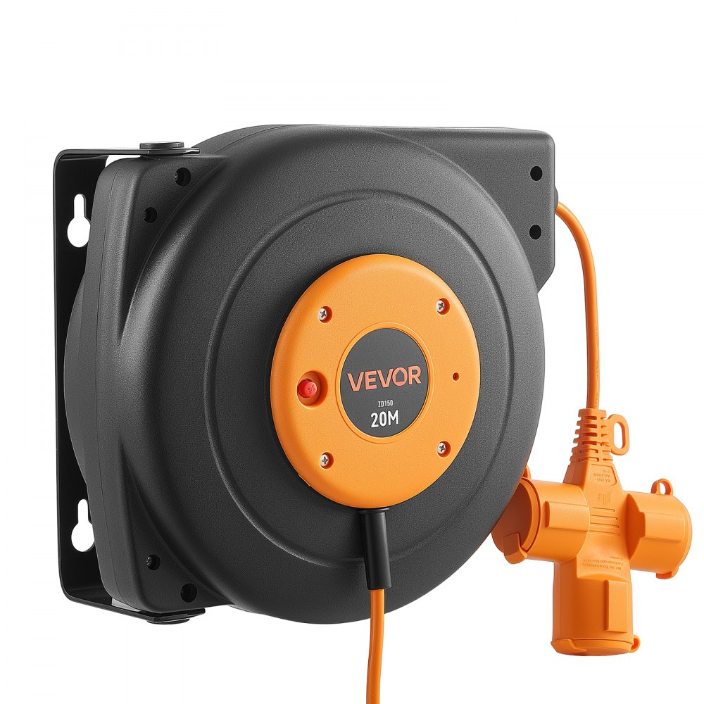 VEVOR Enrollador de Cable Eléctrico 16AWG/3C, Cable de 20 m, para Montaje en Techo o Pared, Protección contra Sobrecalentamiento, Interruptor Triple Iluminado, con Soporte Giratorio 180°, Naranja