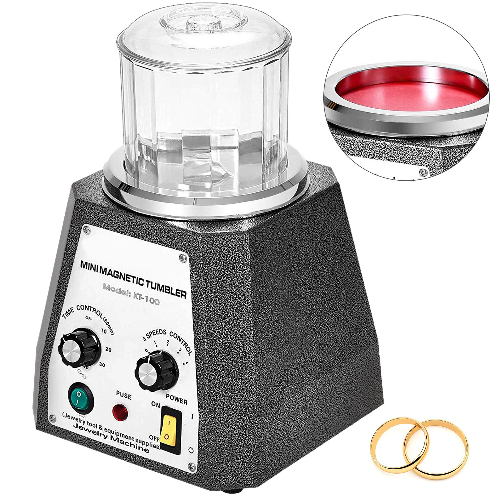 VEVOR Pulidora Magnética para Joyas KT-1005, Pulidora Giratoria para Joyería 100 g # 5, Pulidora Profesional de Tambor Giratorio Rotación Bidireccional de 2000 RPM para Metales Ligeros