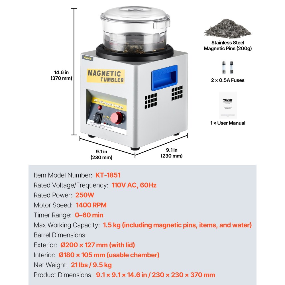 VEVOR Pulidora Magnética para Joyas Kt-185, Pulidora Giratoria para Joyería 180 mm, Pulidora Profesional de Tambor Giratorio Rotación Bidireccional 2000 RPM Pulidor de Joyas con Vaso Magnético