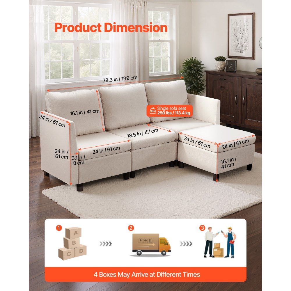 VEVOR Sofá Cama Esquinero, con Almacenamiento Oculto, Sofá con Otomana y Espuma de Alta Resiliencia, Tapizado 3 Plazas, con Estructura de Madera Maciza para Salón y Dormitorio, Color Blanco Crema