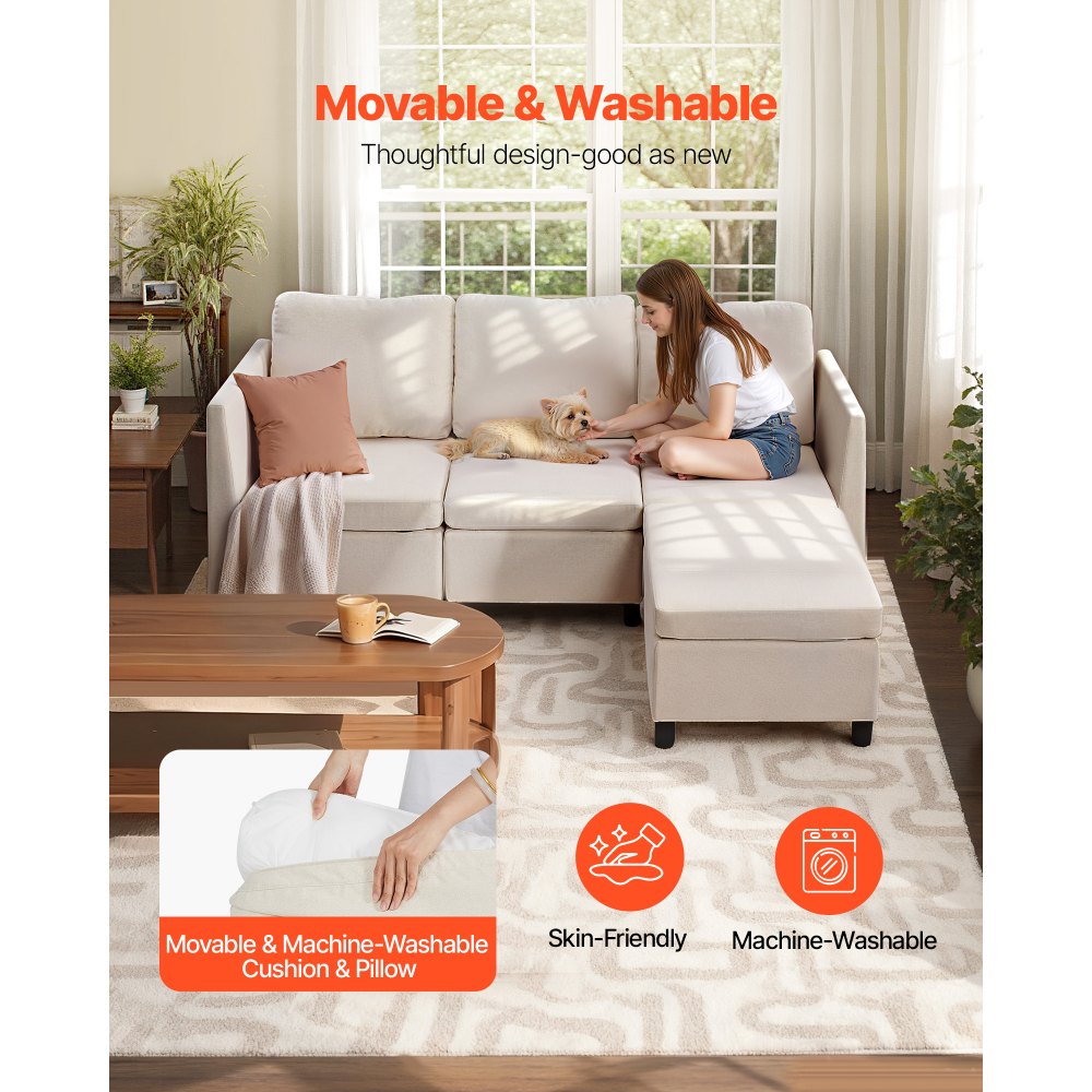 VEVOR Sofá Cama Esquinero, con Almacenamiento Oculto, Sofá con Otomana y Espuma de Alta Resiliencia, Tapizado 3 Plazas, con Estructura de Madera Maciza para Salón y Dormitorio, Color Blanco Crema