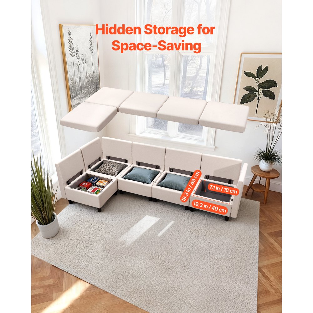 VEVOR Sofá Cama Esquinero, con Espacio de Almacenamiento Oculto, de Espuma de Alta Resiliencia, Tapizado 5 Plazas, con Estructura de Madera Maciza para Salón y Dormitorio, Color Blanco Crema