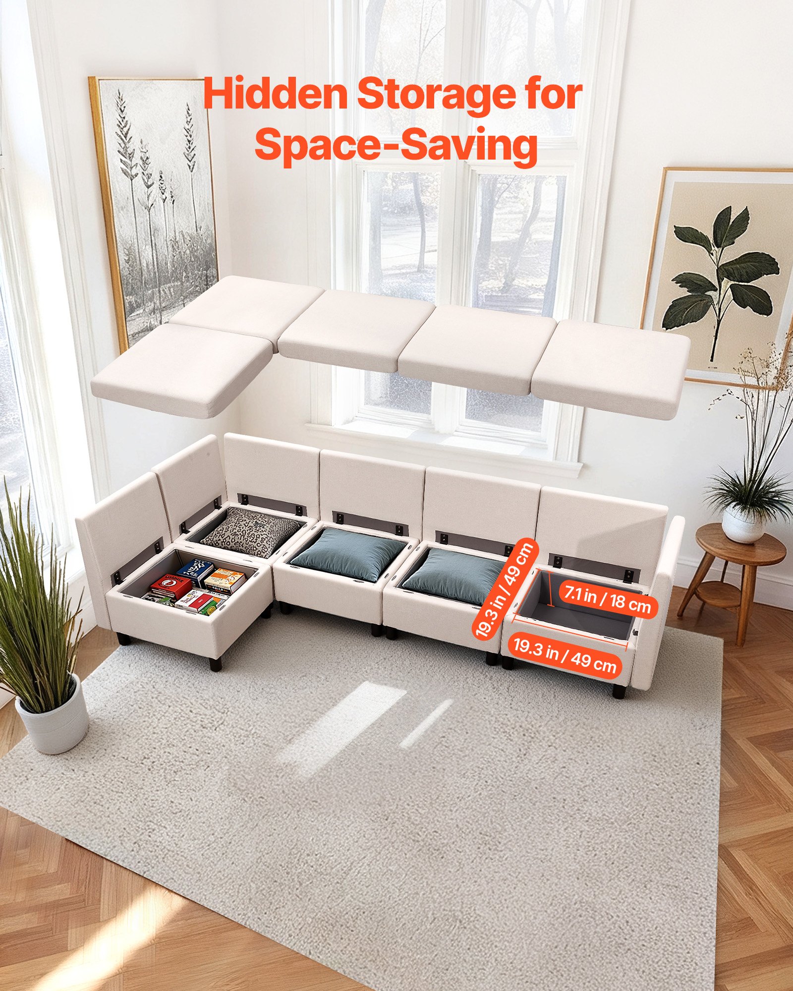 VEVOR Sofá Cama Esquinero, con Espacio de Almacenamiento Oculto, de Espuma de Alta Resiliencia, Tapizado 5 Plazas, con Estructura de Madera Maciza para Salón y Dormitorio, Color Blanco Crema