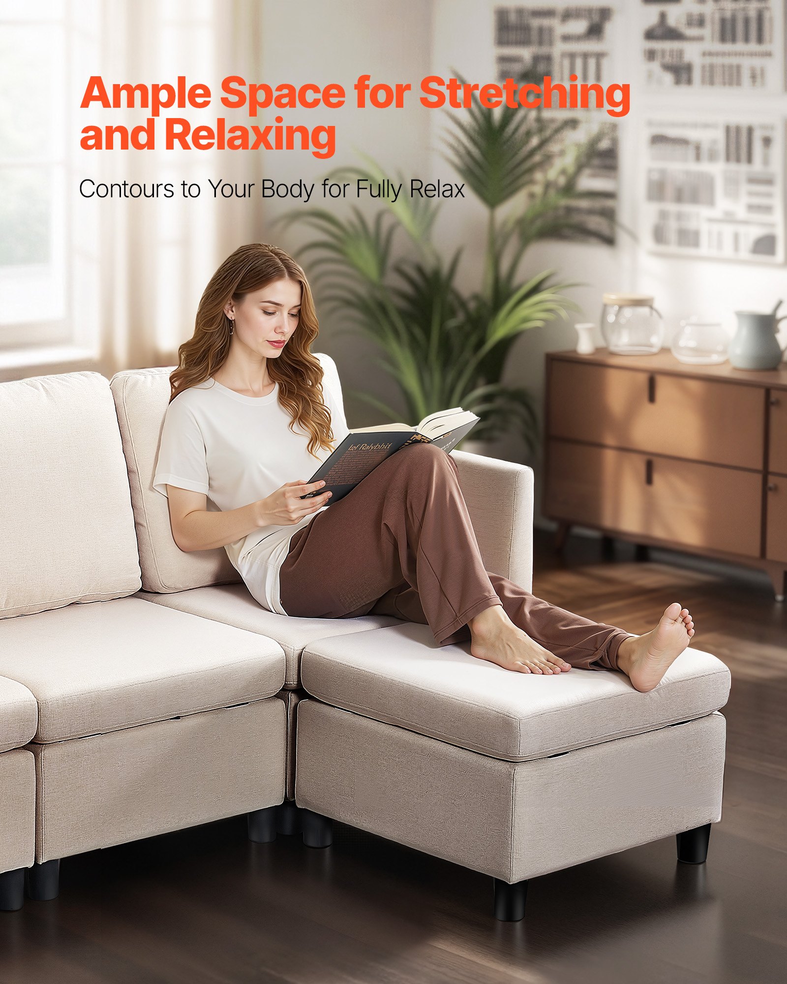 VEVOR Sofá Cama Esquinero, con Espacio de Almacenamiento Oculto, de Espuma de Alta Resiliencia, Tapizado 5 Plazas, con Estructura de Madera Maciza para Salón y Dormitorio, Color Blanco Crema