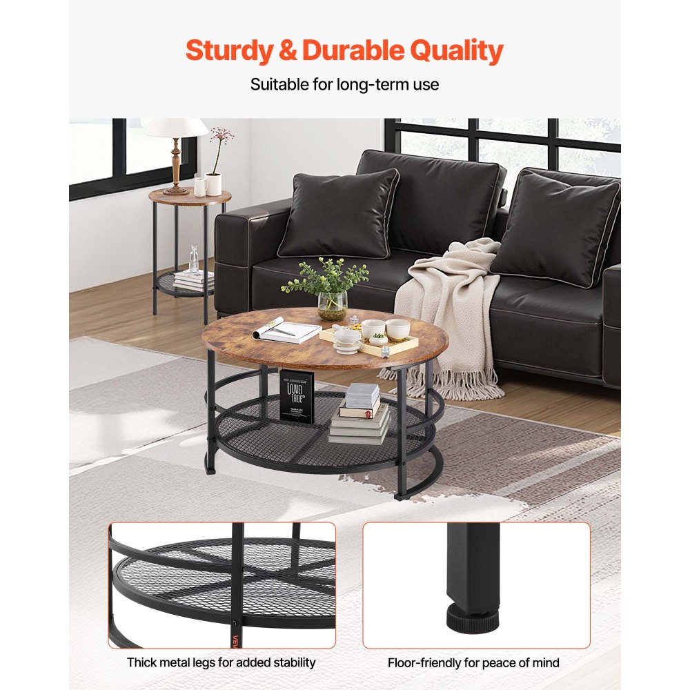 VEVOR 3 Pieces Round Coffee Table Sets, 80 cm Industrial Living Room Table with 2 End Side Tables, Easy Assembly Coffee and End Tables Sets with Metal Legs, for Office, Living Room and Apartment