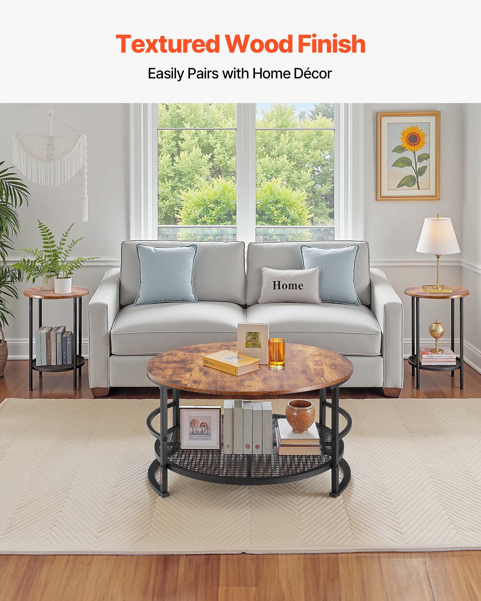 VEVOR 3 Pieces Round Coffee Table Sets, 80 cm Industrial Living Room Table with 2 End Side Tables, Easy Assembly Coffee and End Tables Sets with Metal Legs, for Office, Living Room and Apartment