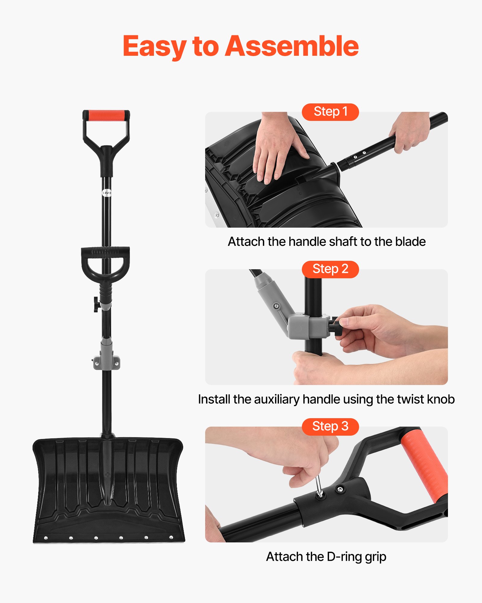 VEVOR Pala de Nieve Cabeza de Plástico Ancho de 45,5 cm, Pala Quitanieves con Mango Auxiliar en Forma de D, Portátil y Ligera, para Quitar Nieve de Jardín, Coche, Camping, Entrada de Vehículos, Negro