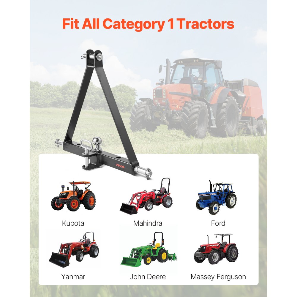 VEVOR 3-point hitch with 5.08 cm receiver, 3-point linkage, 2721 kg, tractor hitch adapter, compatible with Kubota, Mahindra, John Deere, Massey Ferguson, 505x575x130mm